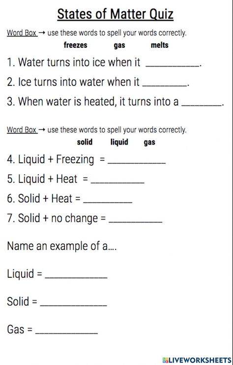 Changes In States Of Matter, Third Grade Science Worksheets, States Of Matter Worksheet, Science Homework, 5th Grade Worksheets, Educational Tips, Homework Worksheets, 2nd Grade Activities, Word Boxes