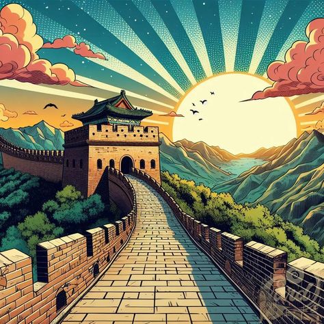 https://card9.com/ai/comic-the-great-wall-of-china Great Wall Of China Drawing, Meaningful Drawings, Great Wall Of China, Nature Drawing, China Painting, China Art, Great Wall, Environment Design, Geometric Art