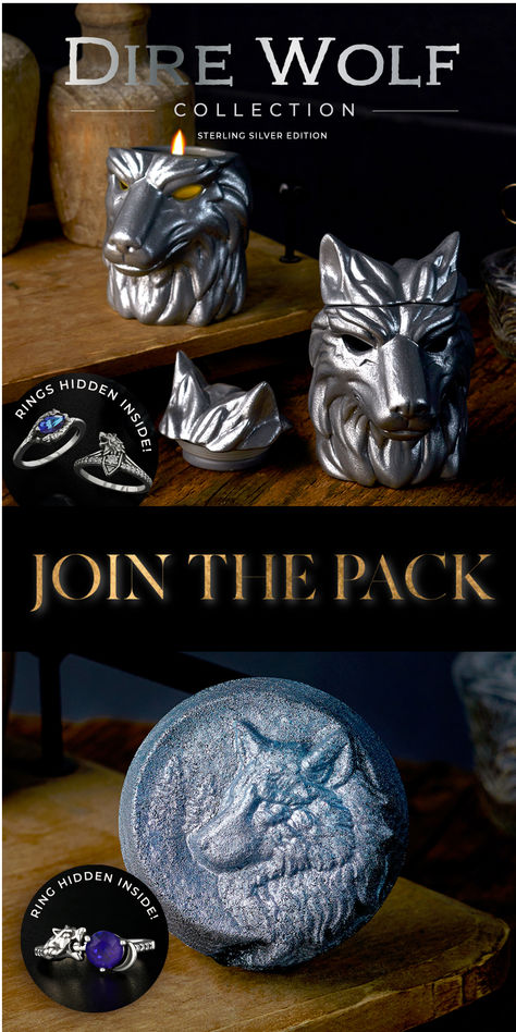 Join the pack with the Fragrant Jewels Dire Wolf Collection. Each product includes hidden rings ... you'll find one of 10 rings, meticulously crafted to symbolize both fierceness and loyalty. Available in both sterling silver and plated options.
Scent notes: Scent notes: Jasmine, green melon, wild apple, cardamom, white musk, sandalwood & mahogany.
You will love this wolf ceramic candle that can be repurposed into a container and the matching bath bomb will provide a magical escape of self care. Apple Cardamom, Jewel Candles, Green Melon, Candle Bath, Fragrant Jewels, Dire Wolf, Wild Apple, Scent Notes, Bath Candles