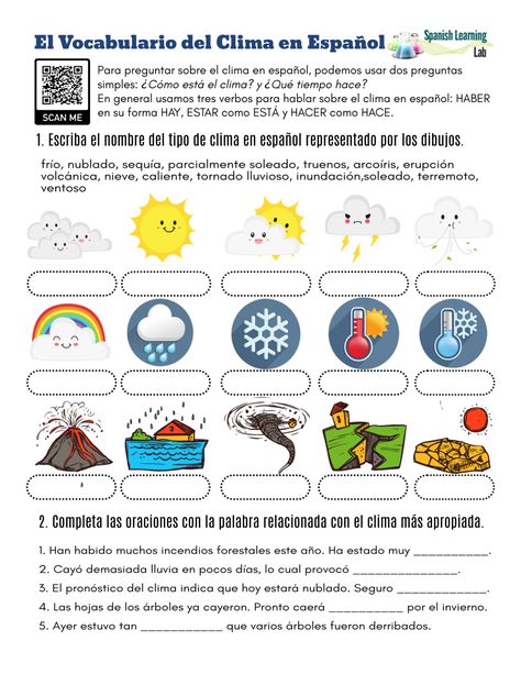 The Vocabulary for the Weather in Spanish - PDF Worksheet - SpanishLearningLab Weather In Spanish, Weather Quiz, Spanish Exercises, Spanish Weather, Character Trait Worksheets, Family Tree Worksheet, Weather Worksheets, Spanish Curriculum, Spanish Lessons For Kids