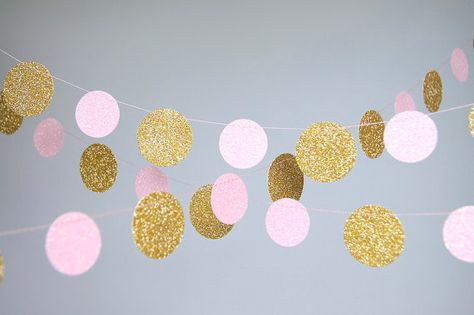 Garland Glitter Paper Garland Gold and Pink by TheLittleThingsEV Birthday Decor Pink, Dot Garland, Match Ring, Pink And Gold Decorations, Pink Gold Party, Girl Shower Decorations, Pink Baby Shower Decorations, Pink Gold Birthday, Gold Garland