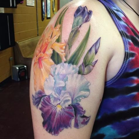 Pansy Tattoo, Iris Flower Tattoo, Tattoo Designs With Meaning, Female Tattoo Artist, Sewing Tattoos, Feminine Shoulder Tattoos, Designs With Meaning, Purple Tattoos, Tattoo World