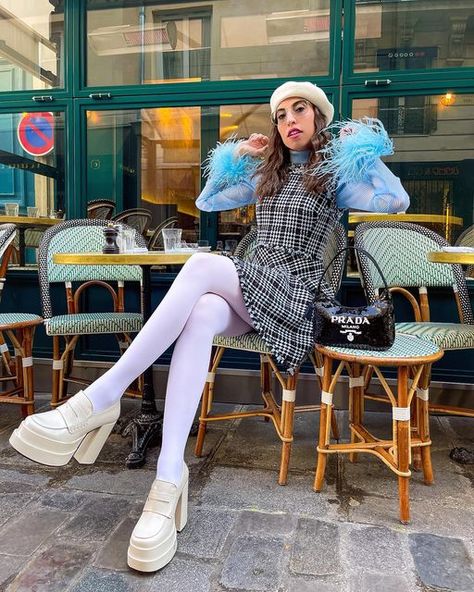 Caroline Vazzana on Instagram: "~ An American in Paris… #PFW #MakingitinParis 💙🦋☕️🥐🇫🇷~" Loafer Heels Outfit, Chunky Heel Outfit, Heel Loafers Outfit, Platform Heel Loafers, Heeled Loafers Outfit, White Loafers Outfit, Platform Loafers Outfit, Caroline Vazzana, Platform Heels Outfit