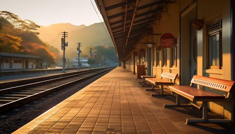 a quiet train station with a backdrop of mountains and pine trees Ai Generative Station Background, Train Station Aesthetic, Train Station Illustration, Tree Saw, Cityscape Photos, Nature Backgrounds, Marketing Design, Custom Illustration, Travel Lifestyle