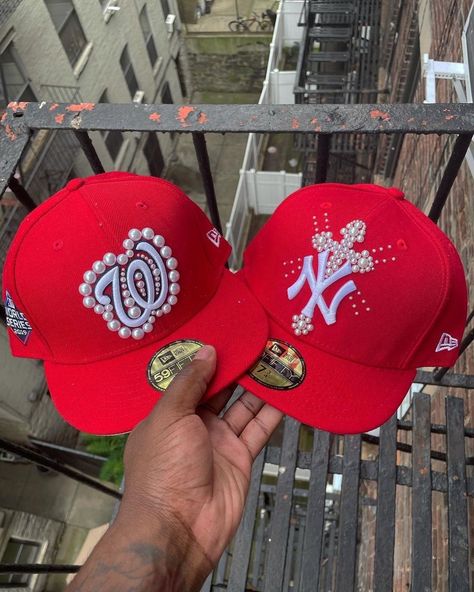 Custom Fitted Hats, Seeing Red, Dope Hats, Funky Hats, Hat Aesthetic, Denim On Denim, Concept Clothing, Street Fashion Men Streetwear, Diy Fashion Clothing