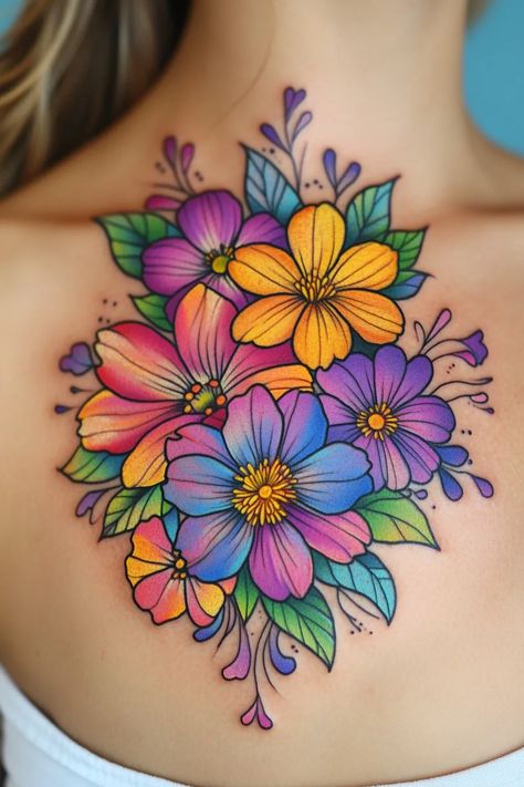 Butterfly With Flowers Tattoo Color, Colorful Cover Up Tattoos, Coloured Flower Tattoo, Bright Flower Tattoos, Flower Mandala Tattoo, Flower Tattoos For Women, Purple Flower Tattoos, Best Tattoo Ideas For Men, Jungle Tattoo