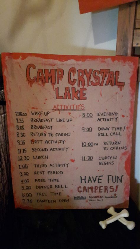 Camp Crystal Lake Party Decorations, Slasher Party Decorations, Camp Crystal Lake Theme Party, Camp Crystal Lake Party Ideas, Summer Camp Slasher Party, Camp Crystal Lake Halloween Decorations, Friday The 13th Party Ideas Decoration, Diy Horror Movie Decor, Horror Movie Party Decorations