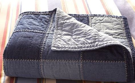 DENIM QUILT | Denim quilt from Pottery Barn | Quilt ideas Denim Bedspread, Denim Blanket, Jeans Patchwork, Blue Jean Quilts, Jean Quilt, Quilt Set, Denim Quilt, Kids Denim, Recycled Jeans