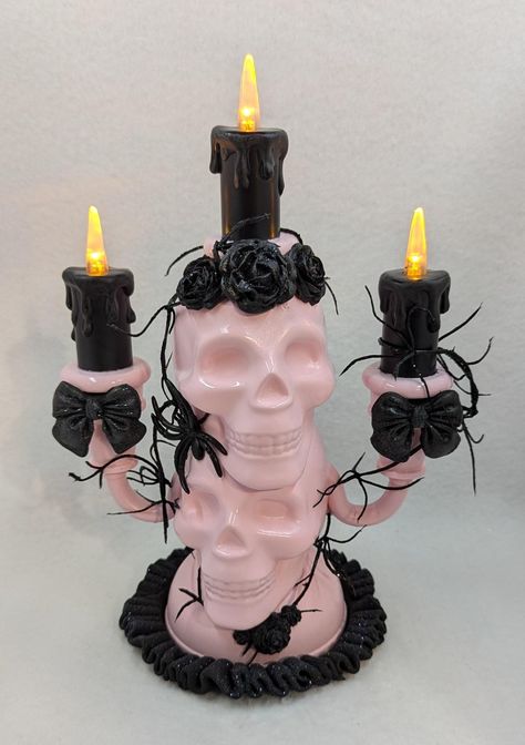 Pink Skull Candelabra with Black Vines, Roses, Ruffle, Spider,and Bows/ Halloween Decor/Centerpiece/Tiered Tray Decor/Photo Prop Pastel Goth Decor Diy, Pink Goth Decor, Pink Goth Room, Goth Decor Diy, Candelabra Halloween, Goth Candles, Pastel Goth Decor, Pink Goth, Goth Decor