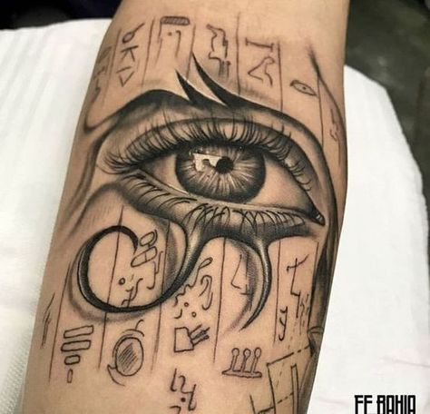 The Eye of Horus is easy to draw, but its meaning is not as simple as it seems. Find out how this tattoo will affect your life and where it's best to get it. Hieroglyphics Tattoo, Eye Of Ra Tattoo, Eye Of Horus Tattoo, Egyptian Eye Tattoos, Horus Tattoo, Egyptian Tattoo Sleeve, African Tattoo, Egyptian Eye, Egypt Tattoo