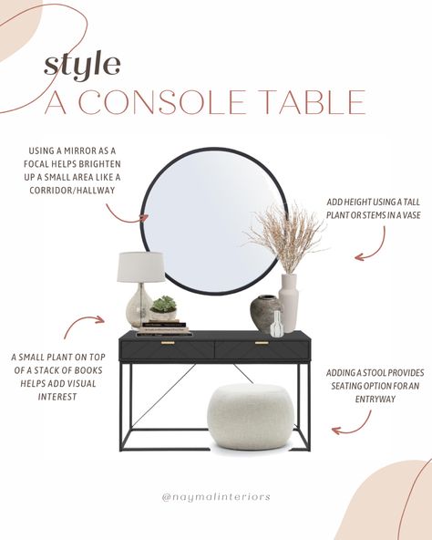 Making a statement with style 💥 Elevate your space with this chic console table styling 💫 Featuring a mix of textures and heights and a pop of art or a mirror to brighten up the space🎨 #console styling #interiordesign #homedecor #stylingtips #consoletable Glass Console Table Styling Modern, Entry Way Ideas Console Tables, Small Entrance Table Ideas, Console Table And Mirror Entryway, Hallway Mirror Table, Style Black Console Table, Stairway Console Table, Console Table Decorating With Mirror, Console Table With Rectangular Mirror