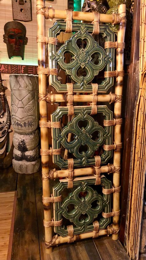 Jade Breezeway Tile Bamboo Wall Hanging, 3 tiles. this piece can be hung vertically or horizontally. The ceramic tiles are reproductions of original designs found in Chinese architecture and Tiki rooms around the world. Lashed together into a bamboo frame with burn node details. these are handmade in my New York workshop. Ready to hang on your wall.  Overall Dimensions: 46" x 15.5" x 2" Weight is approximately 25lbs. Product ships fully insured and professionally packaged in a handmade wooden crate. please allow 5 days processing time for the custom crate. Diy Bamboo Ideas, Pirate Garden, Tiki Patio, Bamboo Wall Hanging, Bamboo Projects, Tiki House, Bamboo Home Decor, Tiki Lights, Tiki Design