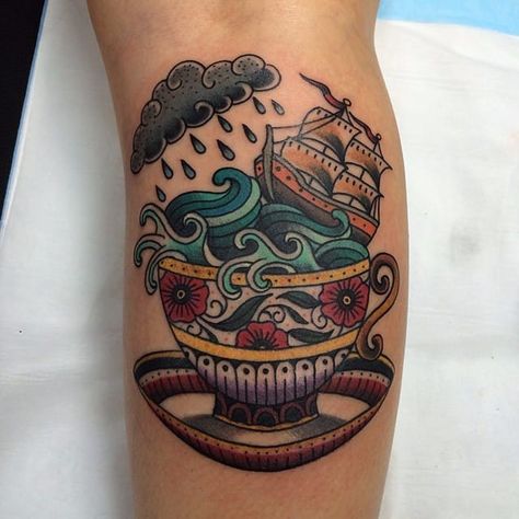 Storm in a teacup tattoo by Carlin Dacheff. #storminateacup #cloud #storm #teacup #tea #cup #wave #traditional #ship Fernweh Tattoo, Tea Tattoo, Teacup Tattoo, Tattoo Wallpaper, Storm In A Teacup, Monster Tattoo, Cup Tattoo, Lady Bug Tattoo, Tattoo Dotwork