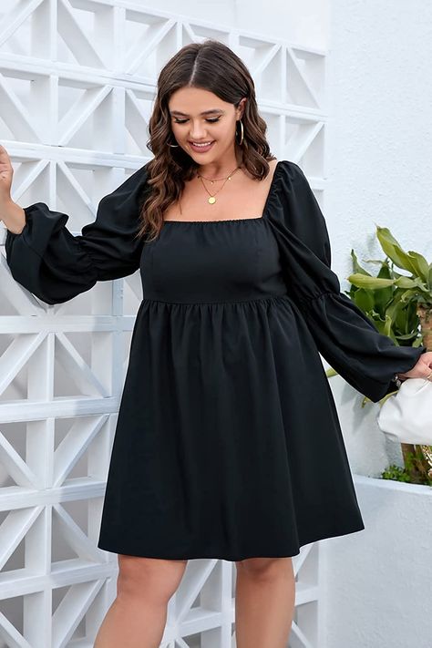 TINSTREE Womens Plus Size Square Neck Dress Long Puff Sleeve Flowy Swing A-Line Short Casual Mini Dress White at Amazon Women’s Clothing store Square Neck Dress Long, Prom Dress Ideas, Modern Royalty, Chic Summer Dresses, Elegant Summer Dresses, Casual Mini Dress, Elastic Waist Dress, A Line Shorts, Square Neck Dress