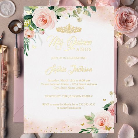 Mis Quince Pink Gold Floral Quinceanera Birthday   Foil Invitation 15th Birthday Invitations, Birthday Angel, Foil Invitations, Quinceanera Invitations, Gold Invitations, Halloween Invitations, 15th Birthday, Gold Floral, Quince