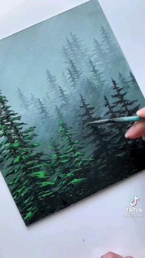 Easy Acrilyc Paintings For Beginners, How To Paint A Rock On Canvas, How To Paint Aspen Trees, Professional Paintings Canvas, Green Mountain Painting Acrylic, How To Paint Foggy Trees, How To Paint Trees In The Distance, Dark Forest Acrylic Painting, Forest Painting Video