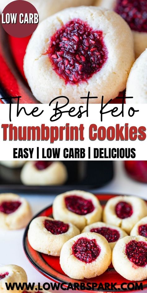 Keto Thumbprint Cookies - Low Carb Christmas Cookies Keto Recipes With Almond Flour, Keto Holiday Appetizers, Keto Thumbprint Cookies, Keto Tea Cookies, Keto Christmas Baking, Low Sugar Christmas Treats, Keto Shortbread, Low Sugar Holiday Desserts, Keto Holiday Cookies