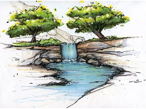 Gambar Lanskap, Landscape Design Drawings, Photoshop Watercolor, Arte Doodle, Landscape Architecture Drawing, Desain Lanskap, Tree Sketches, Landscape Sketch, Desen Anime