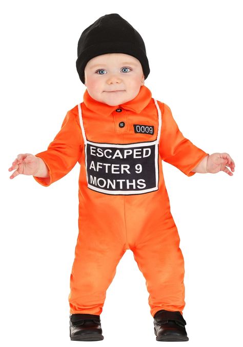 PRICES MAY VARY. Size: 12/18 Months 100% polyester Soft velour jumpsuit has back zipper Snaps along inseams for diaper access Front has embroidered buttons below collar, printed "0009" patch, & sign that reads "ESCAPED AFTER 9 MONTHS" There's a little thief on the loose looking to steal snuggles, and this unique Prisoner Costume for Babies is sure to make getting those cuddles easy! The costume jumpsuit is made of orange velour and zips in the back. Snaps along the inseam offer easy diaper acces First Halloween Costume Boy, Prison Aesthetic, Family Of 3 Halloween Costumes, Baby Boy Halloween Costumes, Inmate Costume, Prisoner Costume, Old Halloween Costumes, Embroidered Buttons, Newborn Halloween Costumes