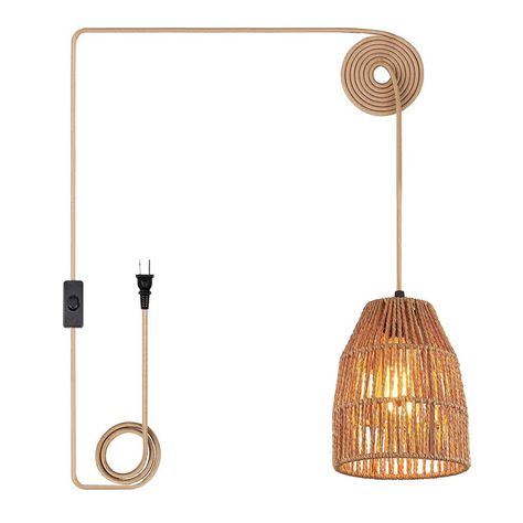 Bay Isle Home Platres 1- Light Plug-in Hand-Woven Geometric Pendant Light with On/Off Switch | Wayfair Hanging Plug In Pendant Lights, Hanging Bedside Lamps, Plant Rooms, Boho Pendant Light, Plug In Hanging Light, Plug In Chandelier, Rattan Lampshade, Brown Basket, Japanese Paper Lanterns