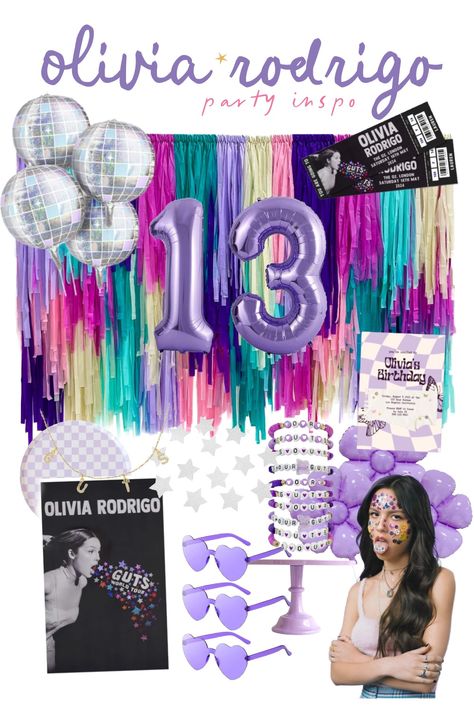 olivia rodrigo birthday party Oliva Rodrigo Birthday Idea, Olivia Rodrigo Sleepover, Olivia Rodrigo Party Decorations, Olivia Rodrigo Birthday Decorations, Guts Birthday Party, Olivia Rodrigo Bday Party, Bday Party Ideas 13th Birthday, 13 Birthday Party Ideas Themes, 13 Party Ideas