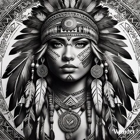 Native Indian Women Tattoo, Indian Woman Tattoo, Native Woman Tattoo Design, Female Indian Tattoo, Native Warrior Woman Tattoo, Native American Tattoo Art, Female Indian Headdress Tattoo, Dreamcatcher Tattoo Thigh, Indian Headdress Tattoo