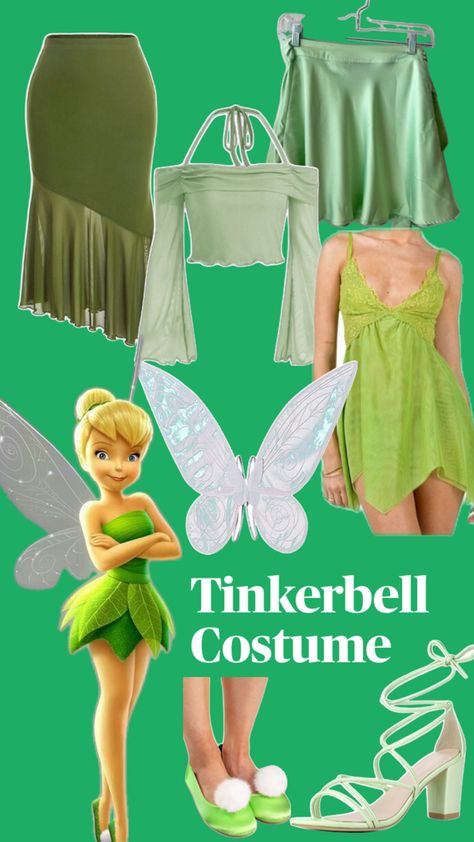 tinkerbell, fairy costume, halloween costume, group costume inspo Pixie Hollow Fairies Costumes, Fairy Costume Green, Fairy Costume Halloween, Halloween Costume Group, Tinkerbell Halloween Costume, Bell Costume, Monster High Halloween, Tinkerbell Costume, Tinkerbell Fairy