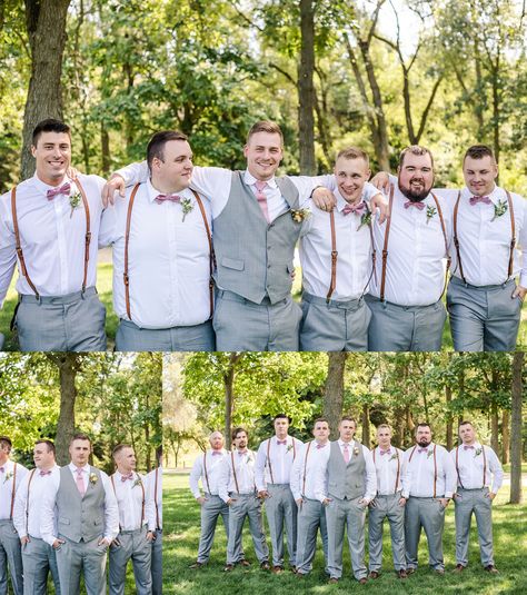 Grey Groomsmen Suspenders, Light Gray Groomsmen Suits Suspenders, Grey Pants And Suspenders Wedding, Groomsmen Outfits Casual, Gray Groomsmen Attire, Groomsmen Attire Suspenders, Grey Suit Pink Tie, Groomsmen Attire Grey, Country Groomsmen