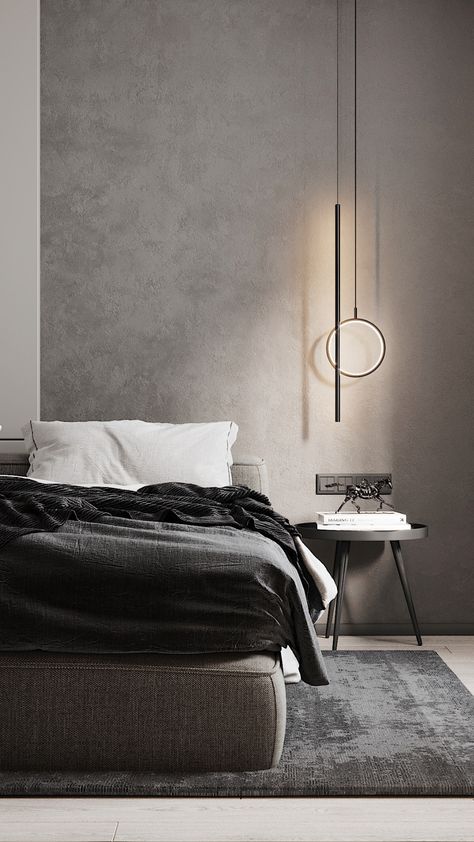 Concrete Wall Bedroom, Concrete Bedroom, Vintage Inspired Bedroom, Stone Paint, Modern Minimalist Bedroom, Relaxing Bedroom, Grey Bedroom, Black Bedding, Contemporary Bedroom