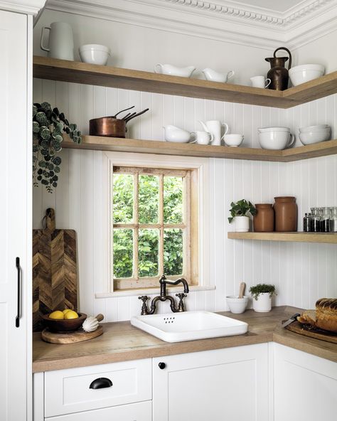 kaboodle kitchen on Instagram: “This kitchen is all about accentuating the natural charm of this country-style home.⁣ ⁣ design tip – you can use our natural timber or…” Kaboodle Kitchen Bunnings, Kaboodle Kitchen, Antique White Kitchen, Farmhouse Look, Life Kitchen, Design Your Kitchen, Country Style Kitchen, Green Cabinets, Rustic Materials