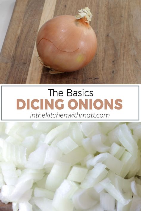 Diced onions on a wooden cutting board. How To Dice An Onion, Dice An Onion, Baking 101, Knife Skill, Baking Basics, Cooking For Beginners, Cooking 101, Food Group, Cooking Basics