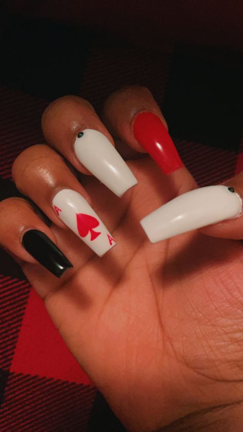 His And Her Nail Ideas, Ace Of Spade Acrylic Nails, Ace Nails Designs, Red Country Nails, Ace Of Spades Nails, Red Western Nails, Ace Nails, Matching Nails With Best Friend, Matching Nails With Boyfriend