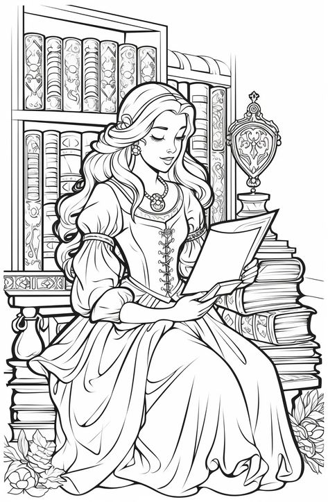 Medieval Coloring Pages Free Printable, Colouring Books Aesthetic, Girly Coloring Pages Aesthetic, Aesthetic Coloring Book, Coloring Page Aesthetic, Aesthetic Colouring Pages, Women Wavy Hair, Girly Coloring Pages, Colouring Pages Printable