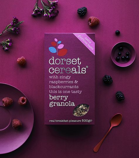 Granola || Berry Granola (oat flakes, dried rapsberries, dried blackberries, sunflower seeds, pumpkin seeds) Coffee Label Design, Dorset Cereals, Berry Granola, Beard Logo Design, Tea Box Design, Cereal Packaging, Fruit Shoot, Nut Granola, Tea Labels