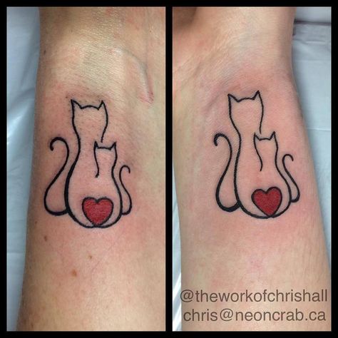 51 Extremely Adorable Mother-Daughter Tattoos to Let Your Mother Know How Much She Means to You Mother Daughter Tattoos Animals, Mother And Daughter Cat Tattoos, Cat Mother Daughter Tattoos, Mom And Daughter Cat Tattoos, Cat Tatoos, Mum And Daughter Tattoo, Meow Tattoo, Adoption Tattoo, Ivy Tattoo