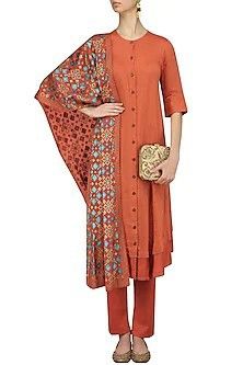 Rust Pants, Layered Kurta, Kurta And Pants, Ikat Print, Kantha Stitch, Pernia Pop Up Shop, Silk Dupatta, Printed Silk, Pop Up Shop