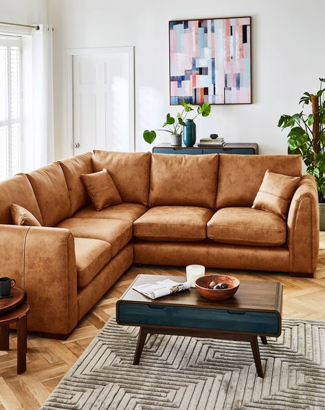 Gray & Osbourn Goliath Faux Leather Corner Sofa | JD Williams Tan Brown Sofa Living Room Ideas, Lounge Brown Leather Sofa, Brown Leather Corner Sofa, Tan Leather Corner Sofa, Leather Corner Sofa Living Room, Tan Sofa Living Room Ideas, Tan Leather Sofa Living Room, Open Plan Downstairs, Tan Sofa Living Room