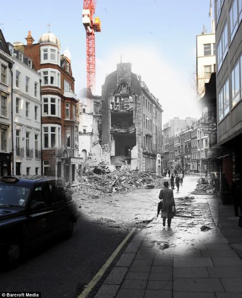 A photographer took bombing pics of WWII and merged them with modern-day Britain. This is impressive. Then And Now Pictures, London Blitz, Moving Photos, Then And Now Photos, Space Photography, London History, The Blitz, Ghost Photos, Battle Of Britain