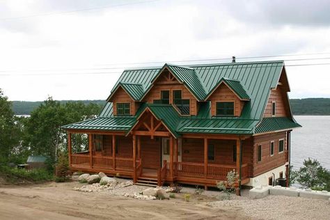 Log Cabin-love the green tin roof, but I'd want a wrap around porch. Green Tin Roof, Cabin Exterior Colors, Tin Roof House, Log Cabin Exterior, Metal Roof Colors, Log Cabin Living, Log Home Designs, Log Cabin Ideas, Log Cabin Kits