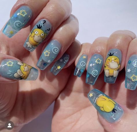 Pokemon Theme Nails, Simple Pokemon Nails, Rosalina Nails, Nail Designs Pokemon, Squirtle Makeup, Blue Yellow Nails Designs, Squirtle Nails, Psyduck Nails, Pokemon Inspired Nails