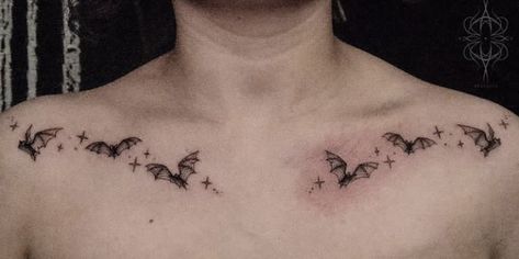 Collar Bone Tattoo Bats, Trad Goth Tattoo Ideas, Spooky Collar Bone Tattoo, Goth Chest Tattoos For Women, Bats On Collar Bone Tattoo, Witchy Bat Tattoo, Bat Tattoo Collar Bone, Collarbone Bat Tattoo, Bat Collarbone Tattoo