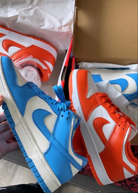 Blue And Orange Shoes, Nike Dunks Orange, Nike Custom Orange Sneakers, Orange Jordan Shoes For Streetwear, Blue And Orange Nike Shoes, Nike Fashion Shoes, Nike Shoes Girls, Diy Sneakers, Jordan Shoes Girls