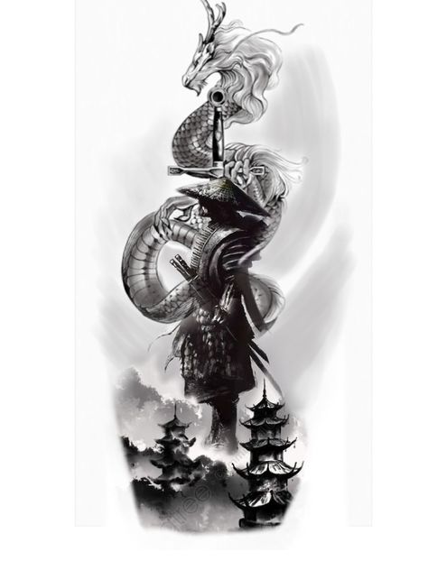 Samurai And Dragon Tattoo Design, Ninja Tattoos For Men, Dragon And Samurai Tattoo, Asian Forearm Tattoo, Dragon Samurai Tattoo, Ronin Tattoo Design, Samurai Dragon Tattoo, Samurai And Dragon Tattoo, Samurai Sleeve Tattoo