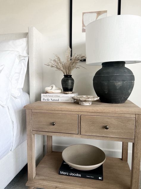 How To Style Nightstand, Dresser Styling Bedroom, Side Table Decor Bedroom, Pottery Barn Bedroom Master, Modern Primary Bedroom, Bedroom Nightstand Decor, White Oak Nightstand, Nightstand Aesthetic, Nightstand Styling