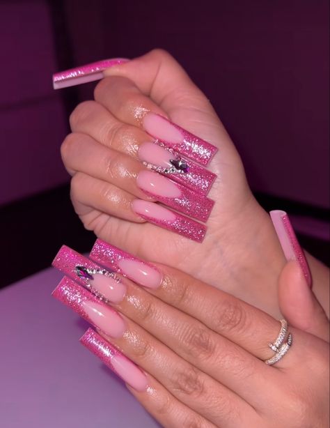 Fuschia Acrylic Nails, Hot Pink Long Nails, Full Glitter Nails, Barbie Nails Acrylic, Barbie Nails Design Ideas, Pink Barbie Nails, Pink Glitter French Tip Nails, Baddies Nails, Hot Pink Acrylic Nails