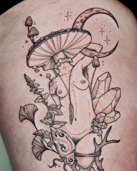 Lesbian Tattoos Ideas, Mushroom Pinup Tattoo, Naked Mushroom Lady Drawing, Tattoos For Stoners, Mushroom Lady Drawing, Mushroom Lady Tattoo, Mushroom Line Art, Mushroom Goddess, Mushroom Lady