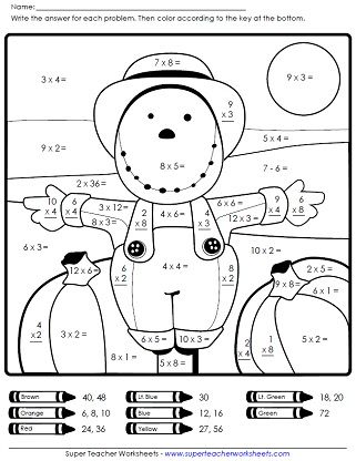 Autumn scarecrow math worksheet on Super Teacher Worksheets Fall Multiplication Worksheets, Scarecrow Worksheets, Addition Coloring Worksheet, Autumn Scarecrow, Fall Worksheets, Math Coloring Worksheets, Maths Worksheets, Coloring Worksheets, Fall Math