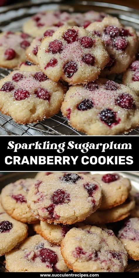 These festive cookies combine tart cranberries, warm spices, and a sparkling sugar coating for a holiday delight. Cranberry Cookies With Fresh Cranberries, Sparkling Sugarplum Cranberry Cookies, Easy Cranberry Cookies, Cookies With Dried Cranberries, Cranberry Lemon Cookies, Sugar Plum Cookies, Sugarplum Cookies, Powdered Sugar Cranberries, Dried Cranberry Cookies