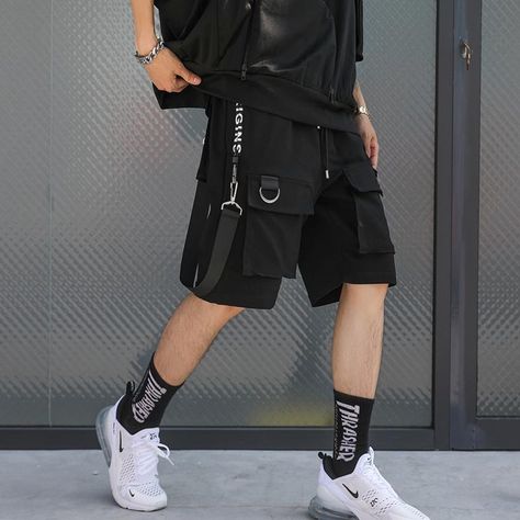 Origin Strap Shorts-streetwear-techwear Techwear Shorts, Japanese Harajuku Fashion, Baggy Clothing, Man Shorts, Estilo Harajuku, Moda Hip Hop, Clothes Reference, Hip Hop Pants, Man Pants