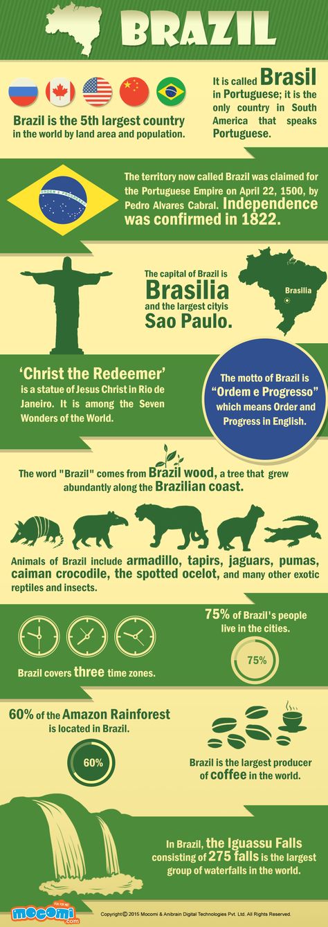 Brazil Fun Facts - Brazil covers three time zones. 75% of Brazil’s people live in the cities. 60% of the Amazon Rainforest is located in Brazil. Brazil is the largest producer of coffee in the world. For more GK facts - http://mocomi.com/learn/general-knowledge/ Brazil Facts, Portuguese Empire, Gk Facts, Vietnam Backpacking, Backpacking South America, Thailand Backpacking, Country Facts, World Thinking Day, Backpacking Asia